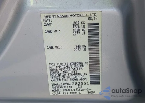 2016 Nissan Altima 2.5 Sl z USA, uszkodzony, nr VIN 1N4AL3AP9GC282551